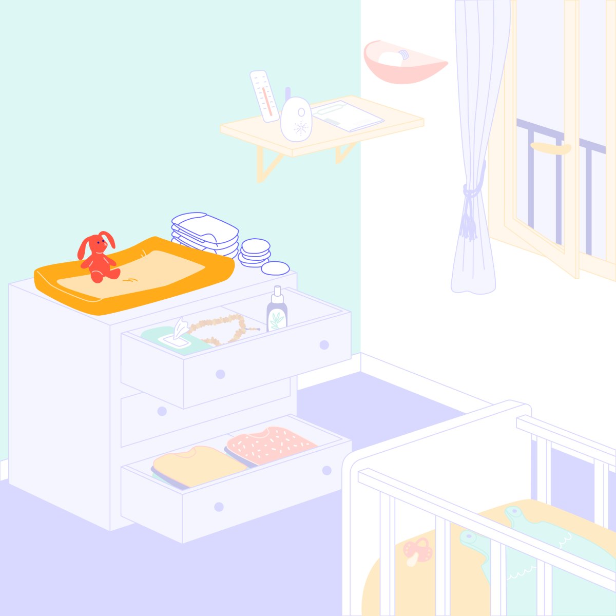 Matelas à langer, couches, lingettes lavables, doudou