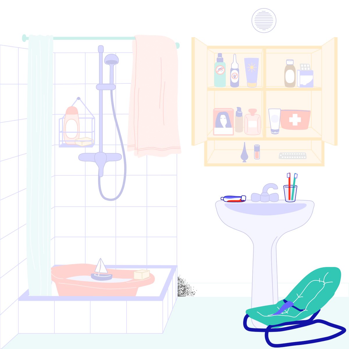 Transat bébé, dentifrice et brosse à dents, moisissures