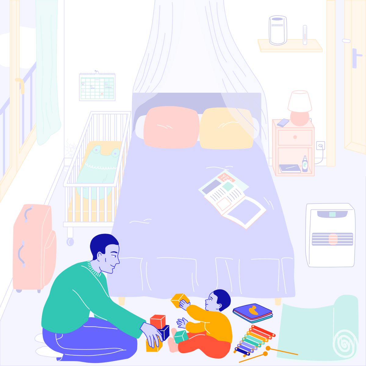 Parents et enfants, xylophone, livre, cubes