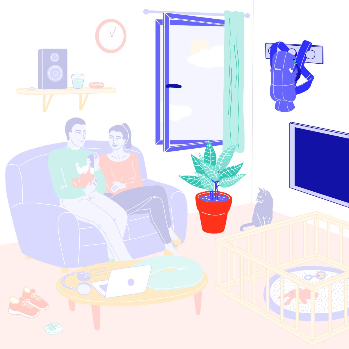 Porte bébé, fenêtre et rideaux, plante, télévision