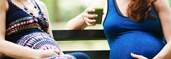 deux femmes enceinte sur un banc dont une boit un jus vert